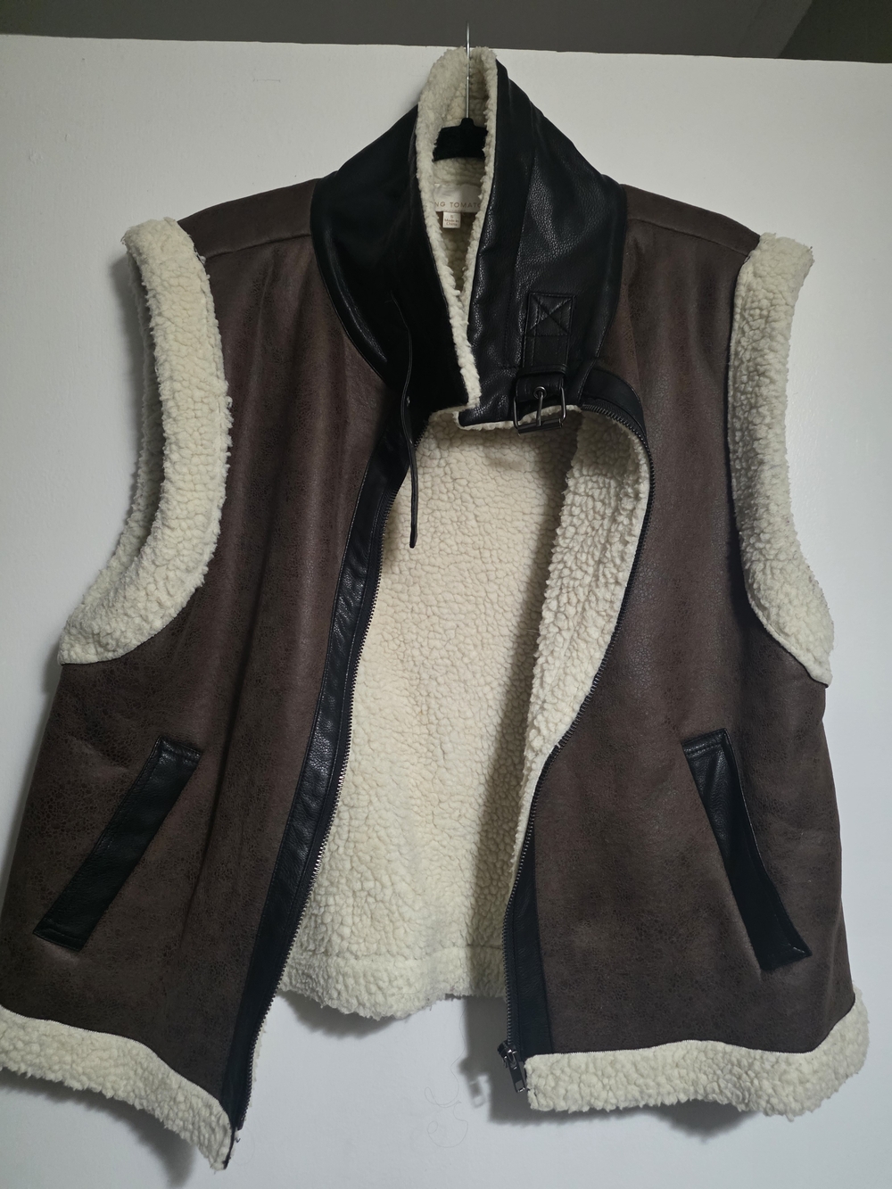 Flying Tomato Brown Faux-Suede Vest with Cream Sherpa Lining and Black Trim